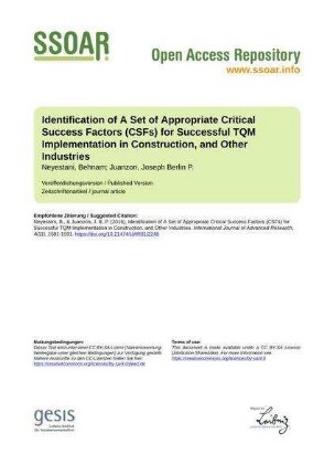 Identification of A Set of Appropriate Critical Success Factors (CSFs) for Successful TQM Implementation in Construction, and Other Industries
