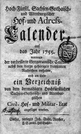 1755: Staatshandbücher für das Herzogtum Sachsen-Gotha