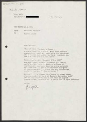 Brief an Bianca Zedda, 26.02.1992