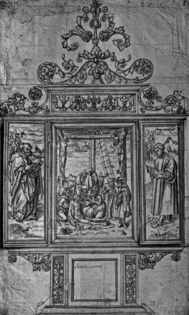 Altarentwurf mit der Beweinung Christi im Schrein, links der heilige Petrus, rechts der heilige Barnabas