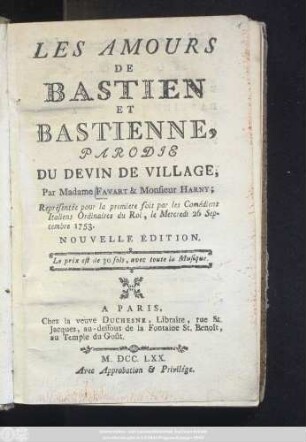 Les Amours de Bastien et Bastienne : Parodie Du Devin De Village