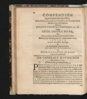 Compendium Iuris Cameralis novissimi ... Authore Johanne Theodoro Sprengero.