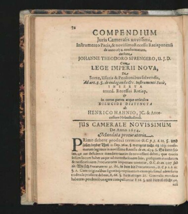 Compendium Iuris Cameralis novissimi ... Authore Johanne Theodoro Sprengero.
