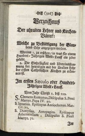 Verzeichnuß Der uhralten Leher und Kirchen-Vätter: