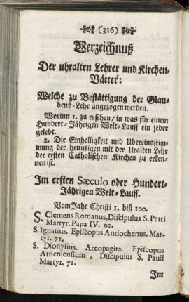 Verzeichnuß Der uhralten Leher und Kirchen-Vätter: