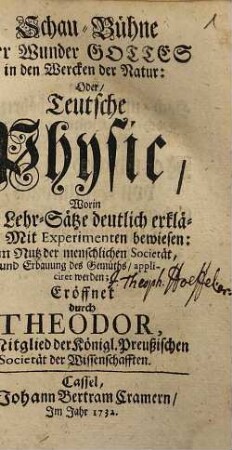 Schau-Bühne Der Wunder Gottes in den Wercken der Natur, 1