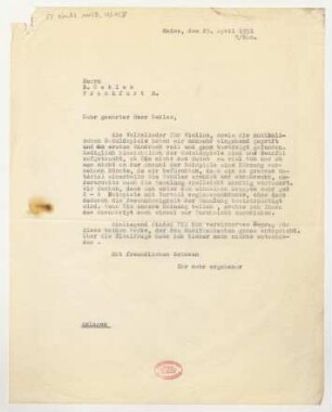 Brief an Bernhard Sekles : 23.04.1931
