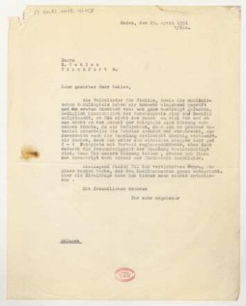 Brief an Bernhard Sekles : 23.04.1931
