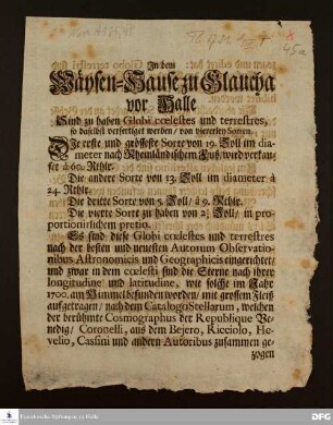 Werbezettel für Erd- und Himmelsgloben, die in der Manufaktur der Glauchaschen Anstalten hergestellt werden.