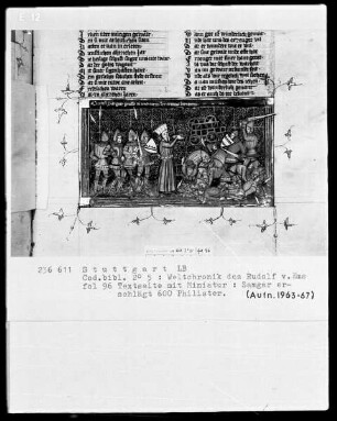 Weltchronik des Rudolf von Ems — Samgar tötet 600 Philister, Folio 96recto