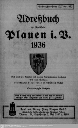 41.1936: Adreßbuch der Kreisstadt Plauen i. V. : nach amtlichen Angaben und eigenen Aufzeichnungen bearbeitet