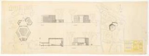 1. Kirche Christi Wissenschafter, Karlsruhe: Vorprojekt Vorschlag 1. Grundriss, Ansichten, Schnitt: 1:200, Lageplan 1:500