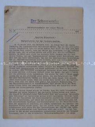 Anonymes hektografiertes Informationsblatt nazistischer Ausrichtung "Der Scheinwerfer" u.a. mit dem Aufruf zum Boykott der Bundestagswahl