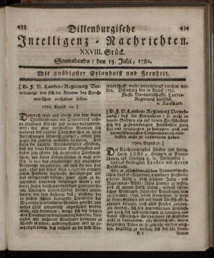 XXVIII. Stück. Sonnabends : den 13. Julii, 1782.