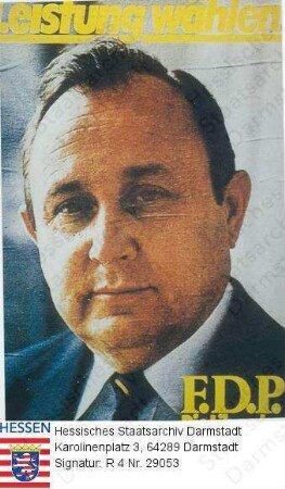 Deutschland (Bundesrepublik), 1980 Oktober 5 / Wahlplakat der FDP (Freie Demokratische Partei) zur Bundestagswahl am 5. Oktober 1980 / Porträtfoto von Hans-Dietrich Genscher (* 1927), Brustbild