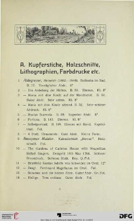 Kupferstiche, Holzschnitte, Lithographien, Farbdrucke (Nr. 1-189)