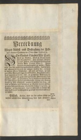 Verordnung Wegen Abstell- und Bestrafung der Feld- und Garten-Dieberey im Ober-Amt Wißbaden : [So geschehen Wißbaden den 1. Martii, 1748.]