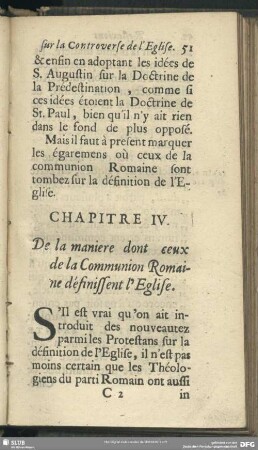 Chapitre IV. [sic] De la maniere dont ceux de la Communion Romaine definissent l' Eglise