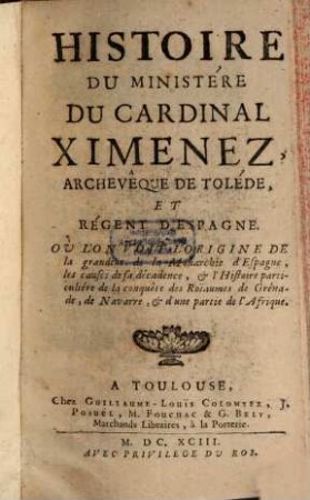 Histoire du Ministère du Cardinal Ximenes