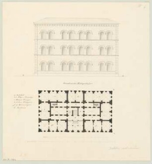 Staatsarchiv Monatskonkurrenz Oktober 1843: Grundriss Erdgeschoss, Aufriss Seitenansicht; 2 Maßstabsleisten