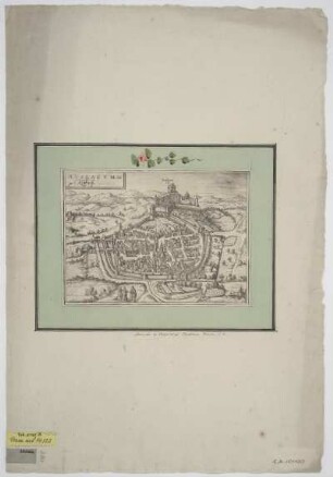 Vogelschauansicht von Rouffach im Elsaß, Radierung, um 1572 : [Rubeacum] : Rvbeacvm : Vulgo Ruffach / [Stecher: Franz Hogenberg. Hrsg.: Georg Braun]. - [Coloniae Agrippiae] : [Auctores] , [um 1572]. - 1 Vogelschauansicht : Radierung ; 22 x 16 cm. Auch ersch. in: Civitates orbis terrarvm, T. II