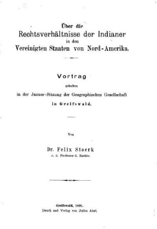 Über die Rechtsverhältnisse der Indianer in den Vereinigten Staaten von Nord-Amerika