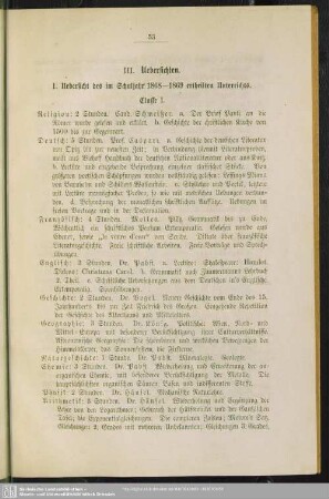 1. Uebersicht des im Schuljahr 1868-1869 ertheilten Unterrichts