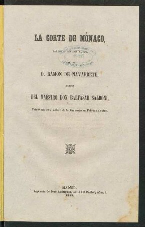 La corte de Mónaco : zarzuela en dos actos