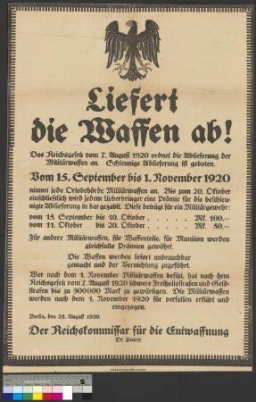 Anordnung über die Ablieferung von Militärwaffen nach dem Reichsgesetz vom 7. August 1920