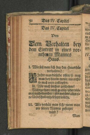 Das IV. Capitel Von Dem Verhalten bey dem Eintritt in eines vornehmen Mannes Haus.