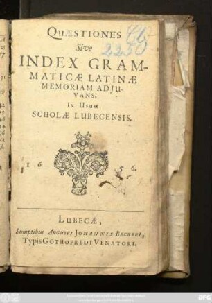 Quaestiones Sive Index Grammaticae Latinae Memoriam Adiuvans : In Usum Scholae Lubecensis