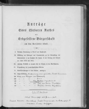 Anträge Eines Ehrbaren Rathes an Erbgesessene Bürgerschaft am 25. November 1847.