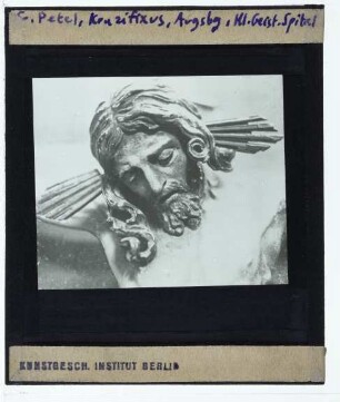 Petel, Kruzifix (Holz, gefasst) aus dem Augsburger Hl. Geist-Spital (Augsburg Barfüßerkirche) : Ausschnitt, Kopf