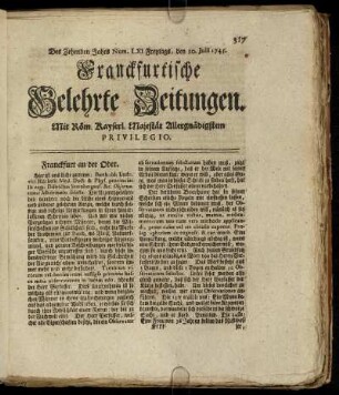Num. LXI. Freytags, den 30. Julii 1745 - Num. LXX. Dienstags, den 31. August. 1745