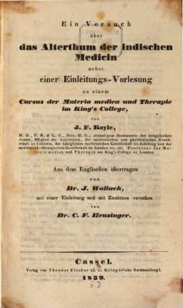 Ein Versuch über das Alterthum der indischen Medicin
