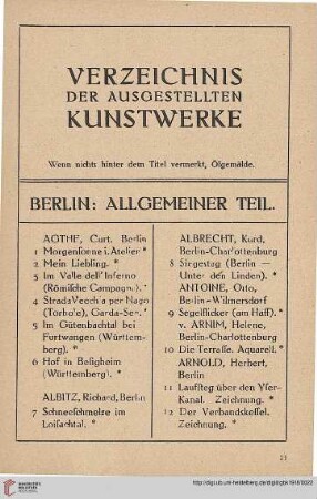 Verzeichnis der ausgestellten Kunstwerke