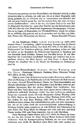 Wenzel-Burchard, Gertrud :: Granny, Gerta Warburg und die Ihren, Hamburger Schicksale, (Veröffentlichung der Lichtwark-Stiftung, 11) : Hamburg, Christians, 1971