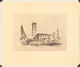 Wiederaufbauplanung der Berliner Innenstadt, Zoo, kirchliches Zentrum an der Rankestraße, Kaiser-Wilhelm-Gedächtniskirche: Perspektivische Ansicht