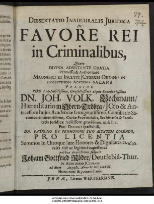 Dissertatio Inauguralis Iuridica De Favore Rei in Criminalibus