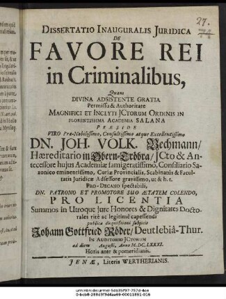Dissertatio Inauguralis Iuridica De Favore Rei in Criminalibus