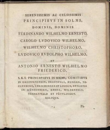Serenissimis Ac Celsissimis [...] Ferdinando Wilhelmo Ernesto, Carolo Lvdovico Wilhelmo, Wilhelmo Christophoro, Lvdovico Rvdolpho Wilhelmo, Et Antonio Ernesto Wilhelmo Friederico, [...]