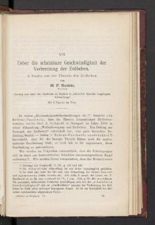 XVI. Ueber die scheinbare Geschwindigkeit der Verbreitung der Erdbeben