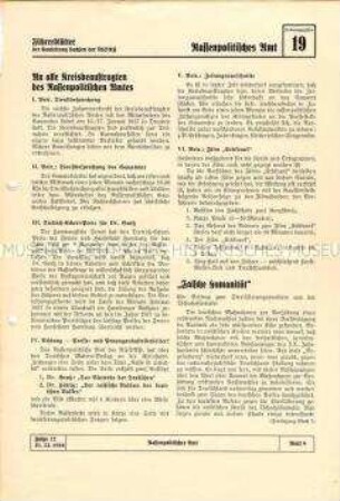 Informationsblatt der NSDAP-Gauleitung Sachsen (Rassenpolitisches Amt) u.a. zur Zwangssterilisation
