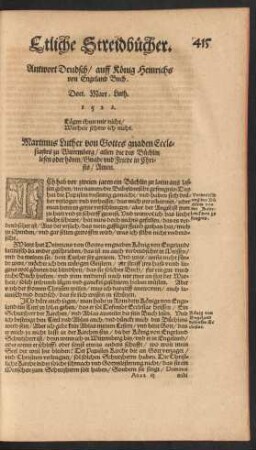 Antwort Deudsch/ auff König Heinrichs von Engeland Buch ... 1522.