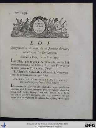 Loi Interprétative de celle du 25 Janvier dernier, concernant les Enrôlemens.