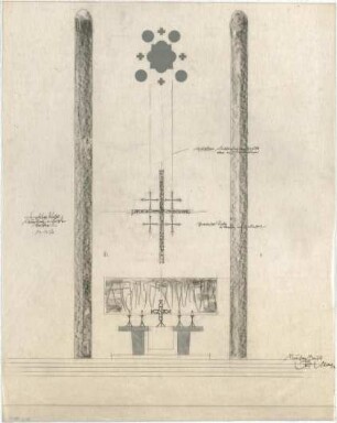Gsaenger, Gustav; Kassel (Hessen); Kreuzkirche, Wiederaufbau - Altarkreuz u. Leuchter, Vorschlag (Ansicht)