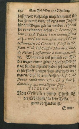 Titulus XXIV. Von Erbstellen unnd Theilung der Erbschafft/ da kein Testament vorhanden ist.