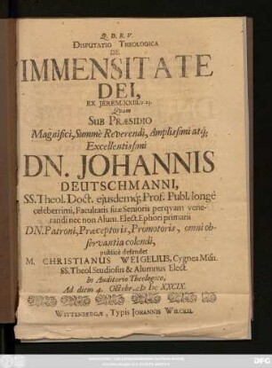Disputatio Theologica De Immensitate Dei, Ex Jerem. XXIII. v. 23.