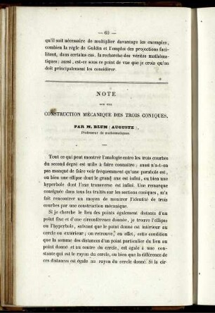 Note sur une construction mécanique des trois coniques.