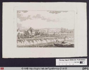 [Ansicht von Stuttgart: Wasserfall, Boote und Fischer auf Felsen].